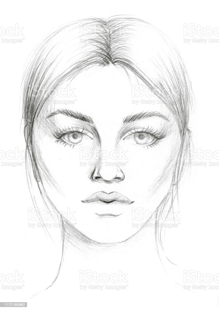 pencil sketch of the face of a beautiful young girl with full lips on a white background