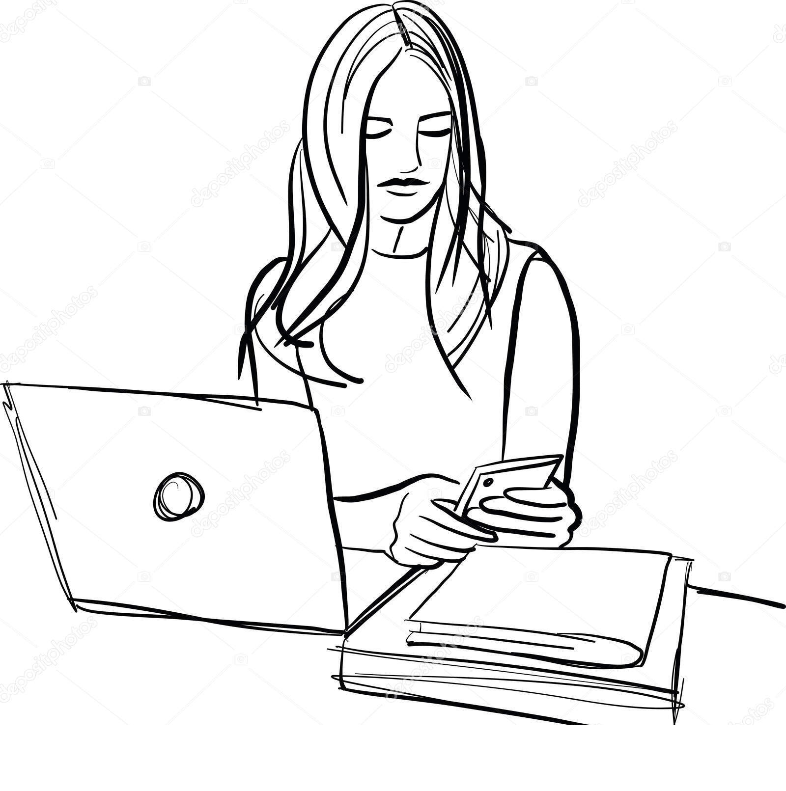 Sketch of business woman working on homeoffice. Vector Illustration