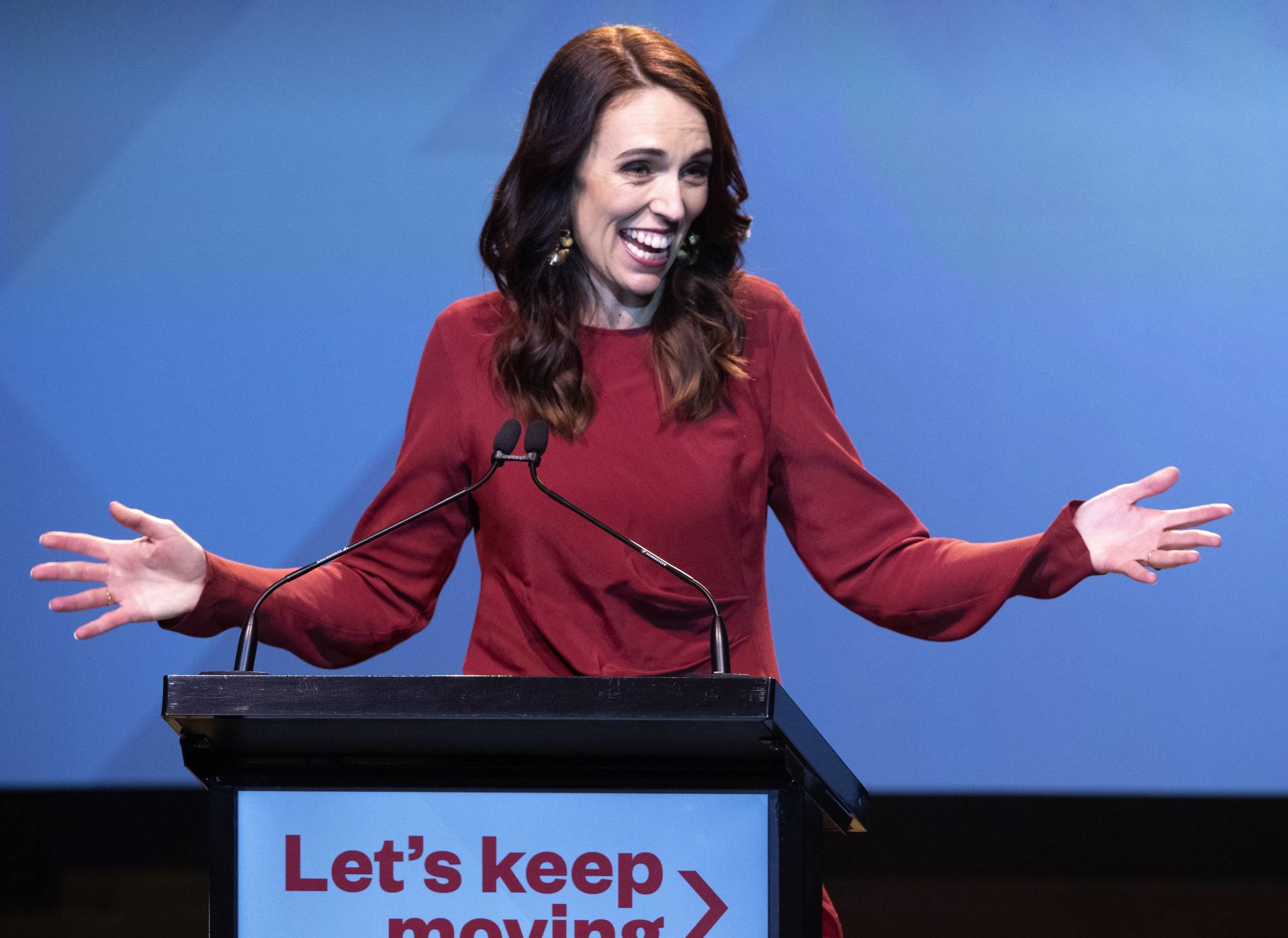 New Zealand Prime Minister Jacinda Ardern gestures as she gives her victory speech to Labour Party members at an event in Auckland, New Zealand, Saturday, Oct. 17, 2020. (AP Photo/Mark Baker)