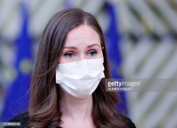 Finland's Prime Minister Sanna Marin wearing a protective mask arrives on the second day of a European Union (EU) summit at The European Council Building in Brussels on October 2, 2020. - During this Special European Council, EU leaders will discuss foreign affairs, in particular relations with Turkey and the situation in the Eastern Mediterranean. (Photo by Olivier HOSLET / POOL / AFP) (Photo by OLIVIER HOSLET/POOL/AFP via Getty Images)